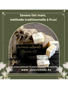 Sac de jute réutilisable contenant 12 savons artisanaux Passions d 'O