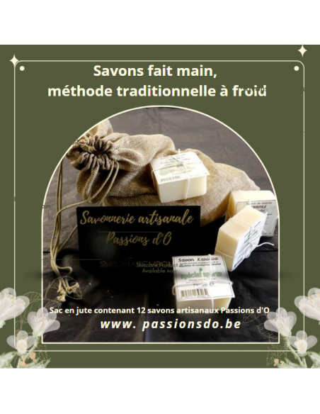 Sac de jute réutilisable contenant 12 savons artisanaux Passions d 'O