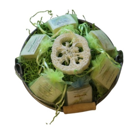 zinc bucket with soap and a loofah
